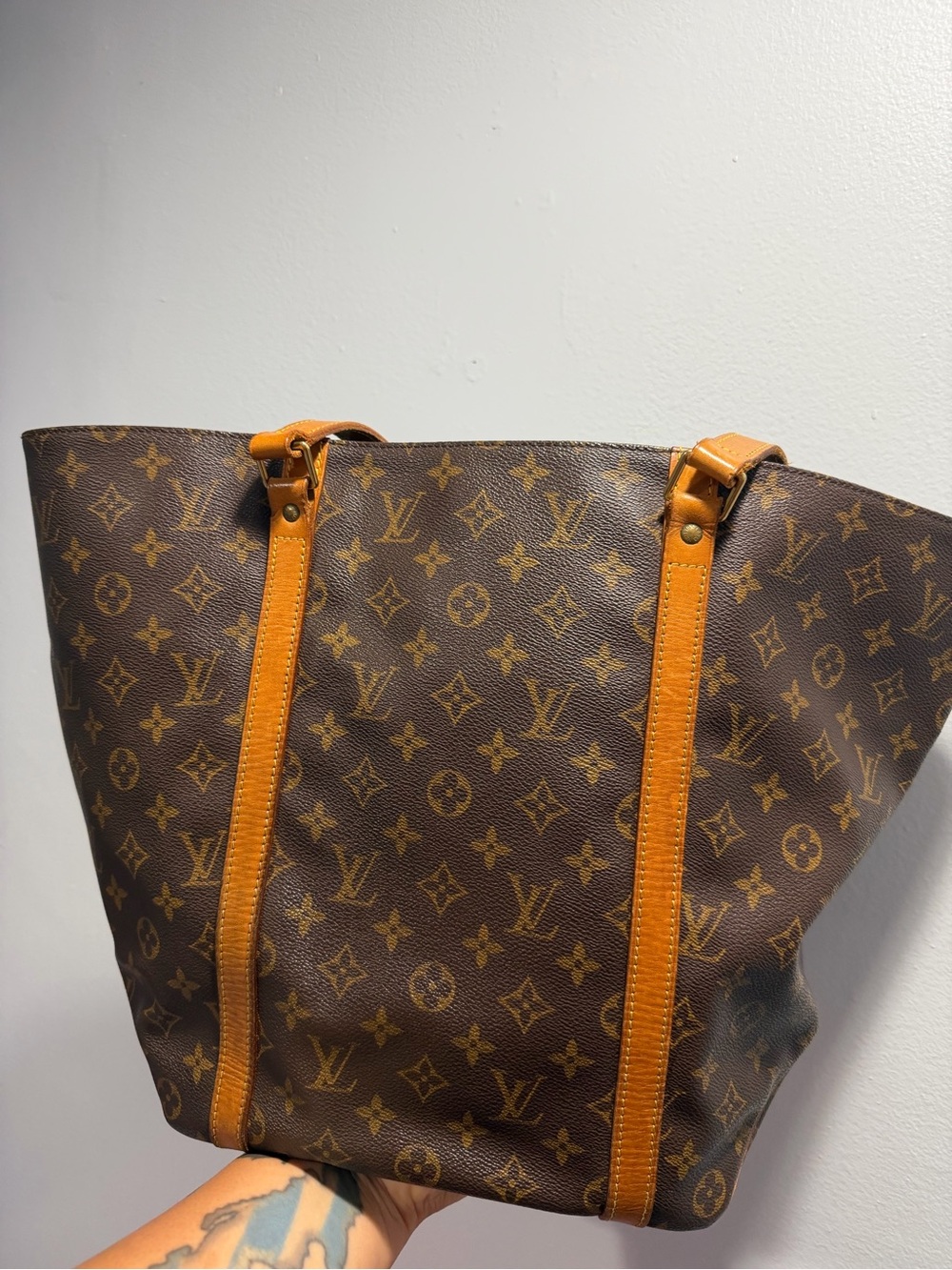 Louis Vuitton Brown Monogram Canvas Tote with Tan Straps
